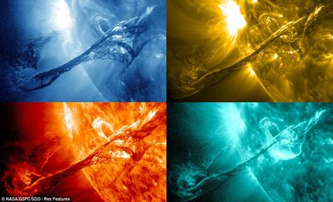 The August 31 2012 coronal mass ejection shown in four different extreme ultraviolet wavelengths. It caused no disruption on earth, but did cause aurora to appear on the night of Monday, September 3.