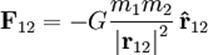  \mathbf{F}_{12} =
 - G {m_1 m_2 \over {\vert \mathbf{r}_{12} \vert}^2}
 \, \mathbf{\hat{r}}_{12}
