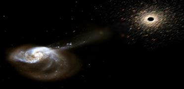 This artistâ€™s conception shows a rogue black hole that has been kicked out from the center of two merging galaxies. The black hole is surrounded by a cluster of stars that were ripped from the galaxies. Credit: Space Telescope Science Institute