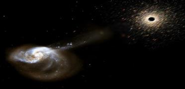 This artist’s conception shows a rogue black hole that has been kicked out from the center of two merging galaxies. The black hole is surrounded by a cluster of stars that were ripped from the galaxies. Credit: Space Telescope Science Institute