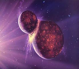 Artist's impression of a Mars-sized object crashing into the Earth, starting the process that eventually created our Moon. Credit: Joe Tucciarone