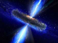 Artist's concept showing the core of an active galaxy, where a feeding supermassive black hole drives oppositely directed particle jets. Credit: ESA/NASA/AVO/Paolo Padovani 