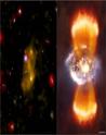 Credit: Left panel: X-ray (NASA/CXC/Durham Univ./D.Alexander et al.); Optical (NASA/ESA/STScI/IoA/S.Chapman et al.); Lyman-alpha Optical (NAOJ/Subaru/Tohoku Univ./T.Hayashino et al.); Infrared (NASA/JPL-Caltech/Durham Univ./J.Geach et al.); Right, Illustration: NASA/CXC/M.Weiss